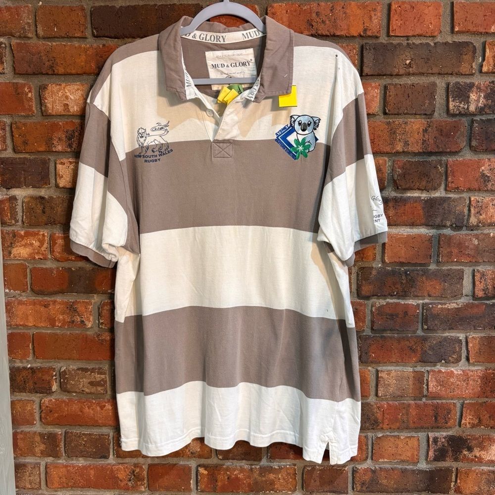 Mud & Glory mens New South Wales striped short sleeve rugby polo shirt tan XXL